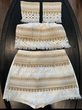 White & Gold Fringe Embellished Two-Piece Skirt Set